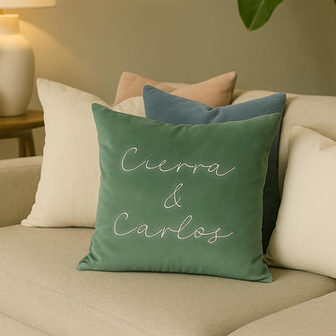 Personalized Velvet Cushion Cover – Custom Name Pillowcase in Sage Green – Wedding Gift, Couple Pillow, Soft Velvet Throw Pillow Cover